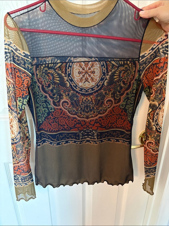 Anac by kimmy Tops - Sheer Paisley Medallion Long Sleeve Top - Olive Multi